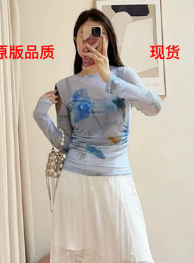SELFWHO绿绒蒿系列印花打底衫女2025秋新款修身半透网布打底上衣