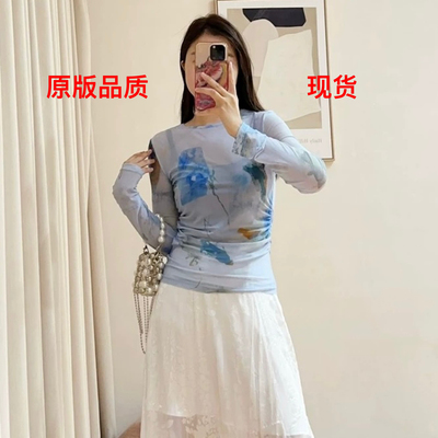 SELFWHO绿绒蒿系列印花打底衫女2025秋新款修身半透网布打底上衣