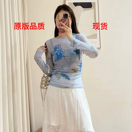SELFWHO绿绒蒿系列印花打底衫女2025秋新款修身半透网布打底上衣