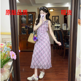 捏褶收腰设计裙子 粉紫格纹V领扭结肩带连衣裙女2025夏新款