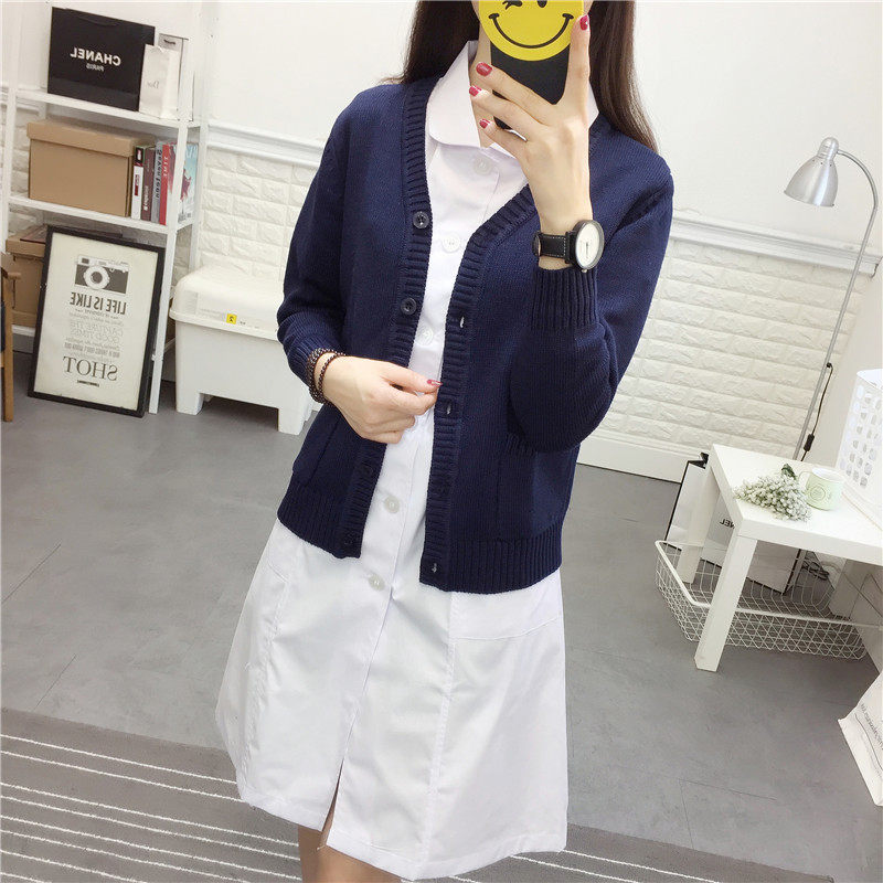 护士毛衣外套开衫女短款韩版宽松秋南丁格尔藏蓝色v领针织杉外搭
