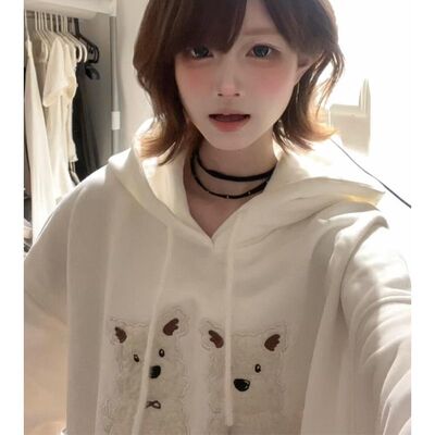 美式重磅刺绣白色连帽卫衣女秋冬2025新款外套宽松慵懒风上衣小众