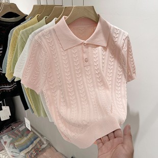 新款 女短袖 2024夏季 软糯POLO领冰丝针织衫 上衣 设计感小众短款 薄款
