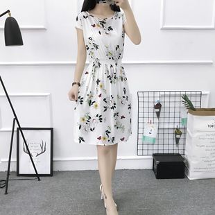 显瘦印花裙子沙滩裙海边渡假夏新款 棉绸碎花连衣裙短裙小个子大码
