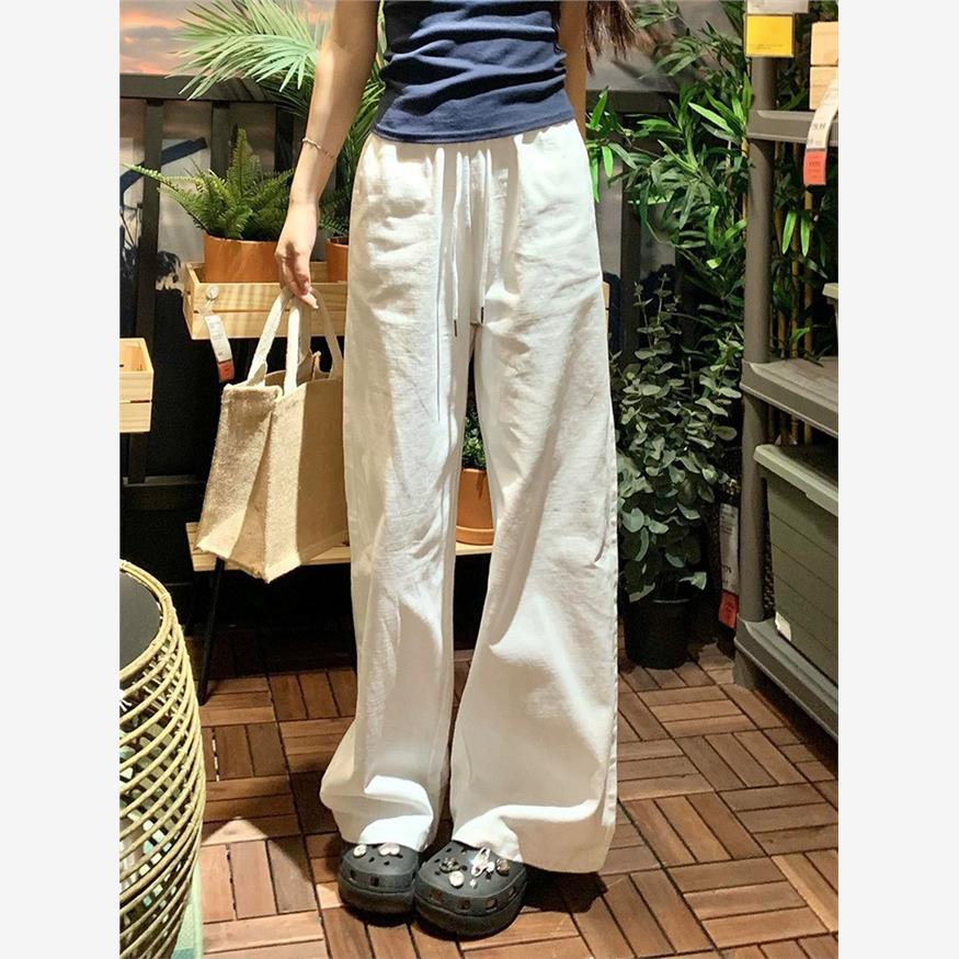 白色阔腿裤女2025春季新款宽松直筒牛仔棉麻小个子夏季拖地休闲裤
