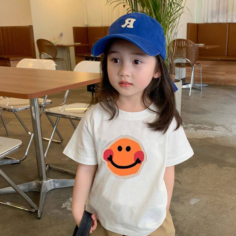 女童夏装纯棉短袖t恤中大儿童2026年新款洋气笑脸印花白色上衣潮