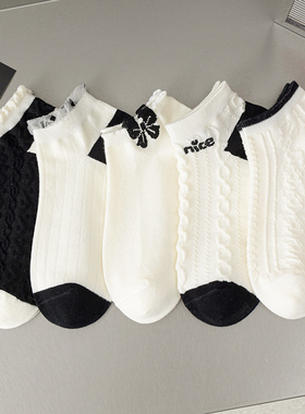 白色袜子蝴蝶结女短袜春秋款日系花边百搭学院风黑色短款船袜女