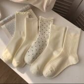 袜子女奶白色中筒袜春夏百搭纯色堆堆袜韩版 波点木耳边月子袜女