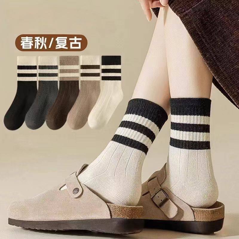 春秋新款条纹袜子女中筒袜长袜堆堆袜复古森系ins潮外穿搭鲨鱼裤