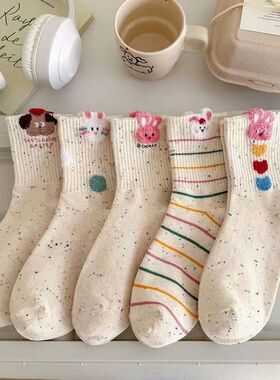 袜子女中筒秋冬韩版点子纱卡通ins潮百搭可爱卡通小兔学院风女袜