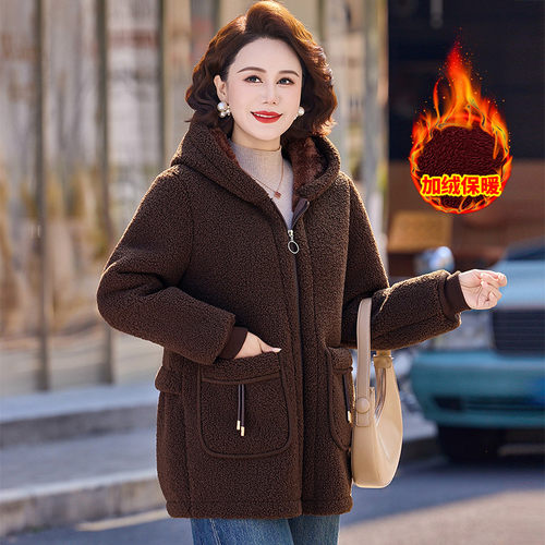 中老年女装羊羔绒连帽外套妈妈冬装加大码加绒加厚中长款保暖棉衣