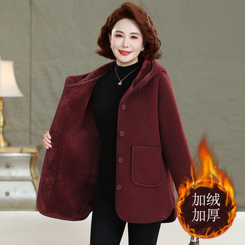 妈妈秋冬款羊羔绒连帽外套中长款中老年女冬季加绒保暖棉服上衣服