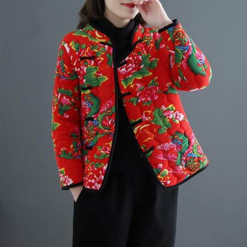 东北大花棉袄秋冬妈妈唐装中年女短款中国风小棉衣奶奶民族风外套