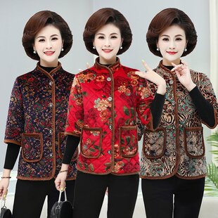 妈妈秋冬季加绒棉衣外套七分袖保暖马甲中老年女金丝绒洋气花棉袄