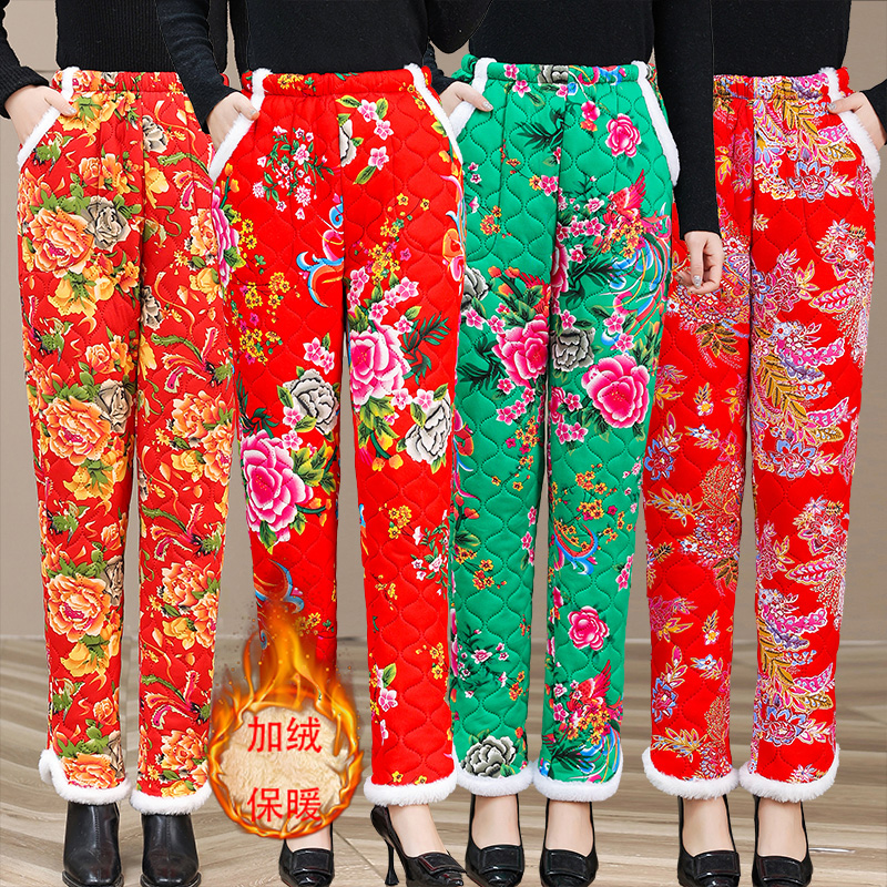 东北大花棉裤女冬季新款民族风加绒松紧高腰裤子国风妈妈秋冬长裤
