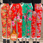 女冬季 新款 民族风加绒松紧高腰裤 东北大花棉裤 子国风妈妈秋冬长裤