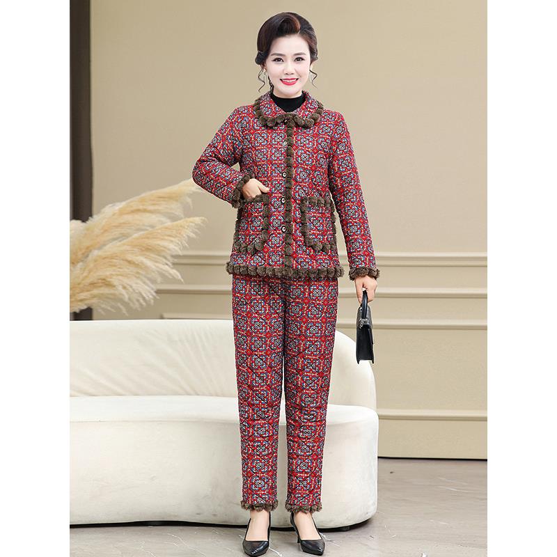 妈妈秋冬加绒加厚格子棉衣棉裤套装中老年人奶奶家居服睡衣两件套