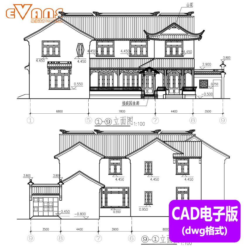 苏式江南两层别墅建筑施工图cad电子版534平米中式自建房施工图纸