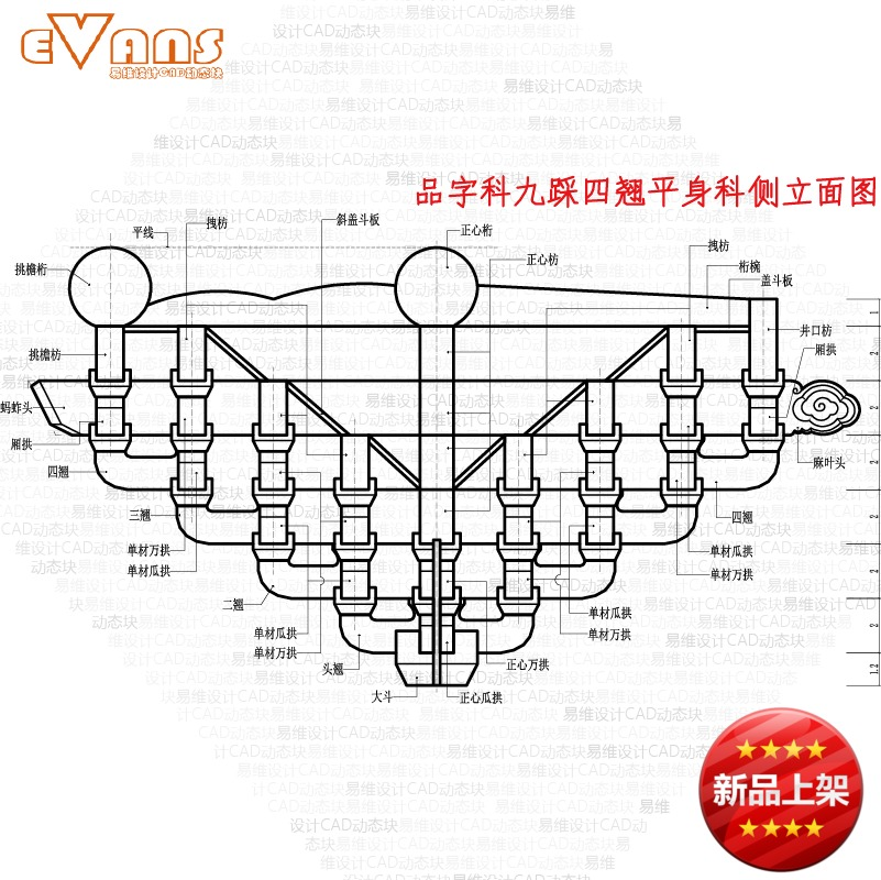 品字科九踩四翘平身科斗拱三视图及分件图cad电子版易维设计资料