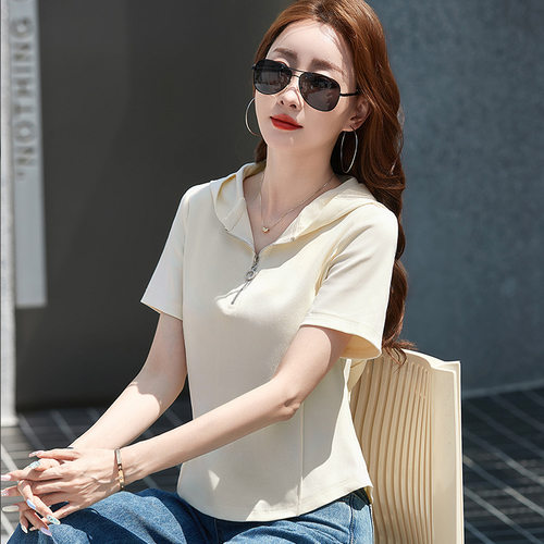 连帽拉链t恤女百搭帽衫2025夏装新款短袖汗衫百搭棉质新潮运动