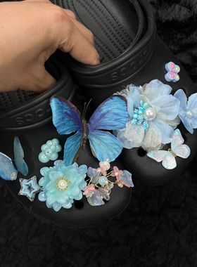 2025新款仿真蝴蝶蓝色系花朵鞋花鞋扣配件小红书爆款DIY鞋饰品