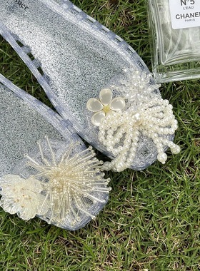 韩版爆款水晶鞋配饰超仙洁白珍珠蝴蝶结白色珠管鞋扣鞋花鞋面配饰