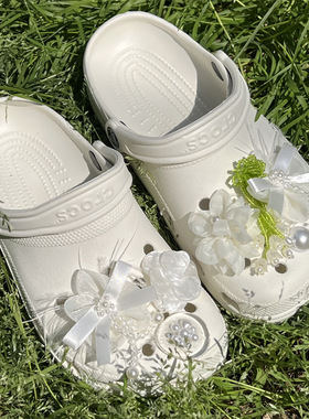 白色轻纱花朵绿色吊兰鞋花可拆卸装饰鞋扣夏日小夜洞洞鞋鞋扣