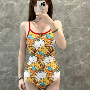 卡通动物连体泳衣女新款 专业竞速游泳衣可爱三角速干紧身游泳装