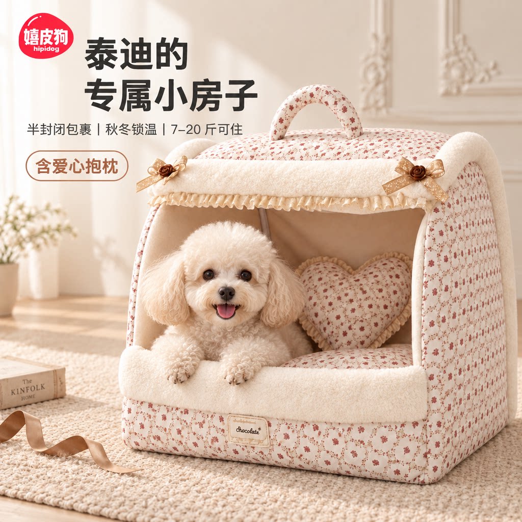 嬉皮狗泰迪狗窝猫狗通用秋冬保暖半封闭可拆洗小型犬比熊狗窝垫子