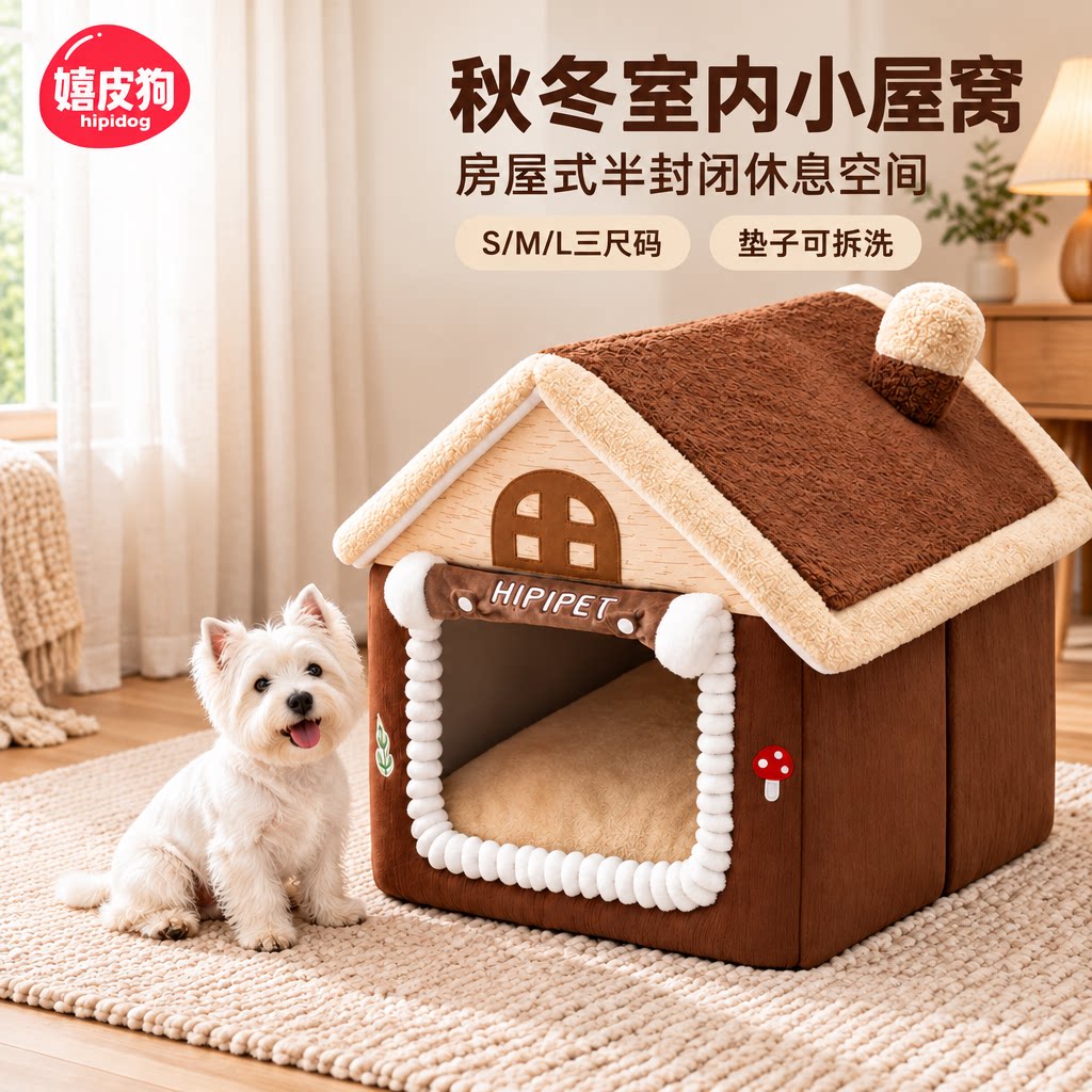 嬉皮狗小型犬秋冬室内半封闭狗窝房屋造型垫子可拆洗宠物休息空间