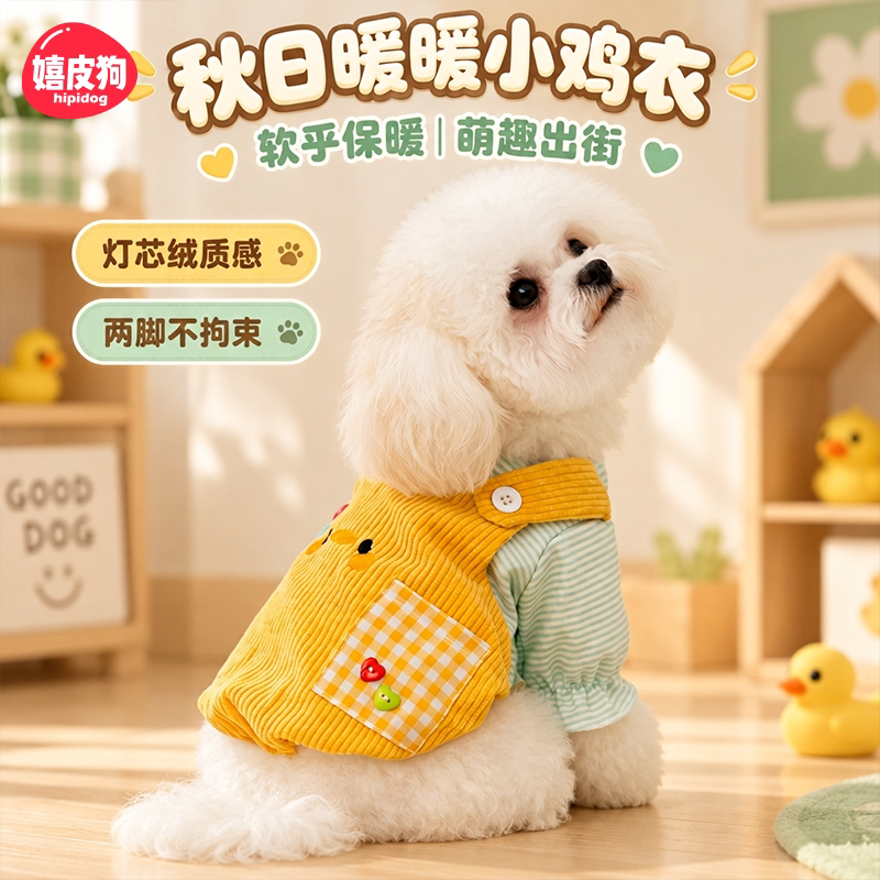 嬉皮狗秋日小鸡两脚衣泰迪比熊小型犬假两件背带裤灯芯绒狗狗衣服
