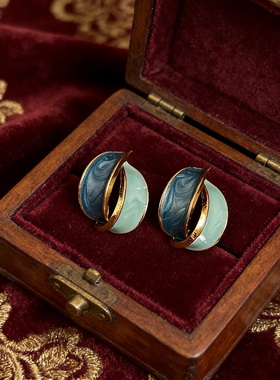 双C蓝色耳钉925银针耳饰中古风法式重工耳钉轻奢优雅气质复古