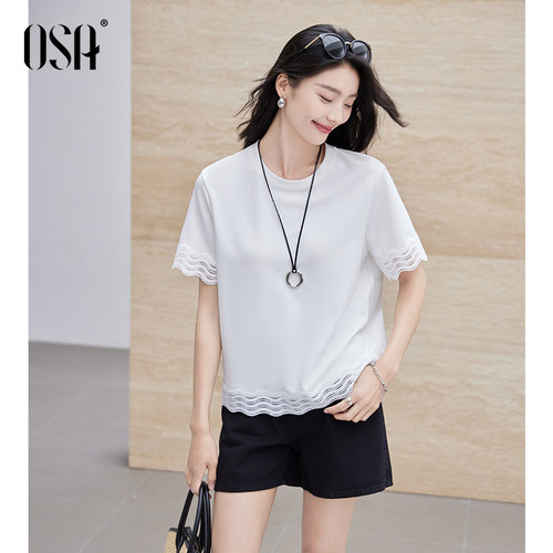 OSA欧莎蕾丝花边纯色短袖女t恤2025夏日新款宽松减龄小众设计上衣