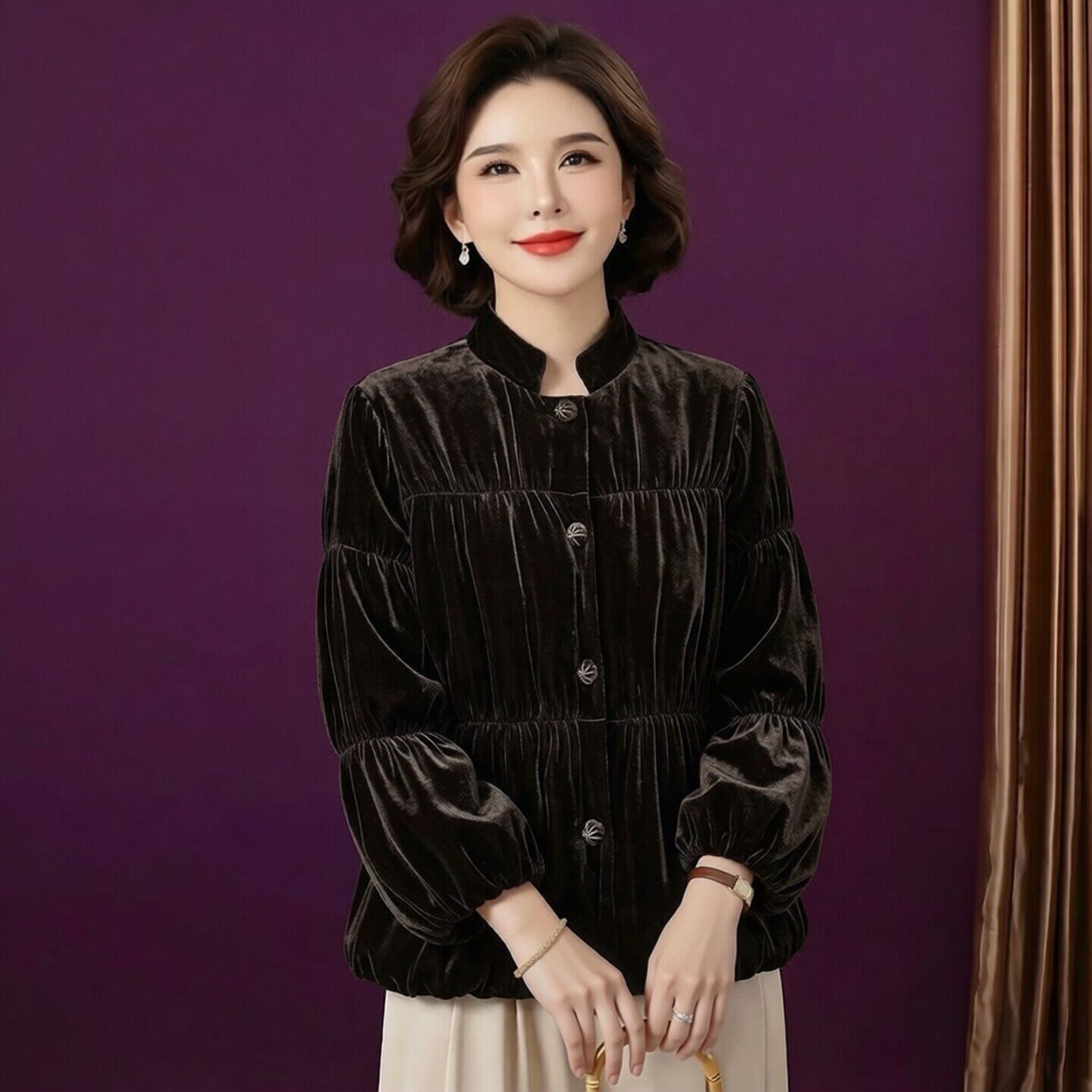 大牌100%桑蚕丝真丝绒白鹅绒服女冬季新款新中式灯笼袖羽绒服外套