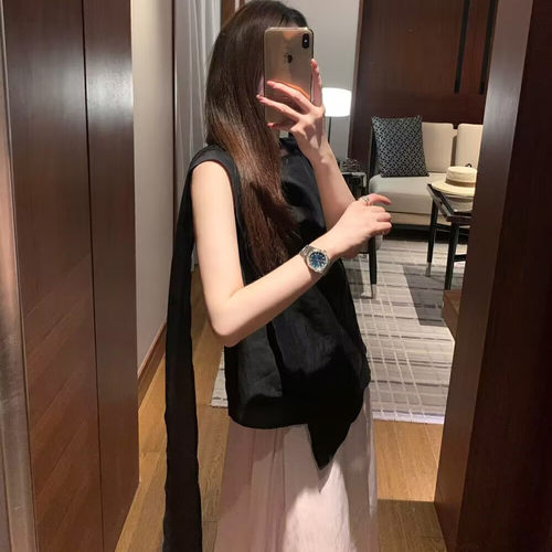 层次拼接设计飘带背心上衣小衫