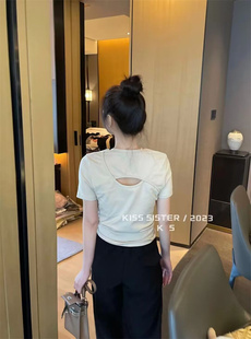 十三行短袖女KISS SISTER韩版夏季新款纯色小心机设计后背镂空T恤