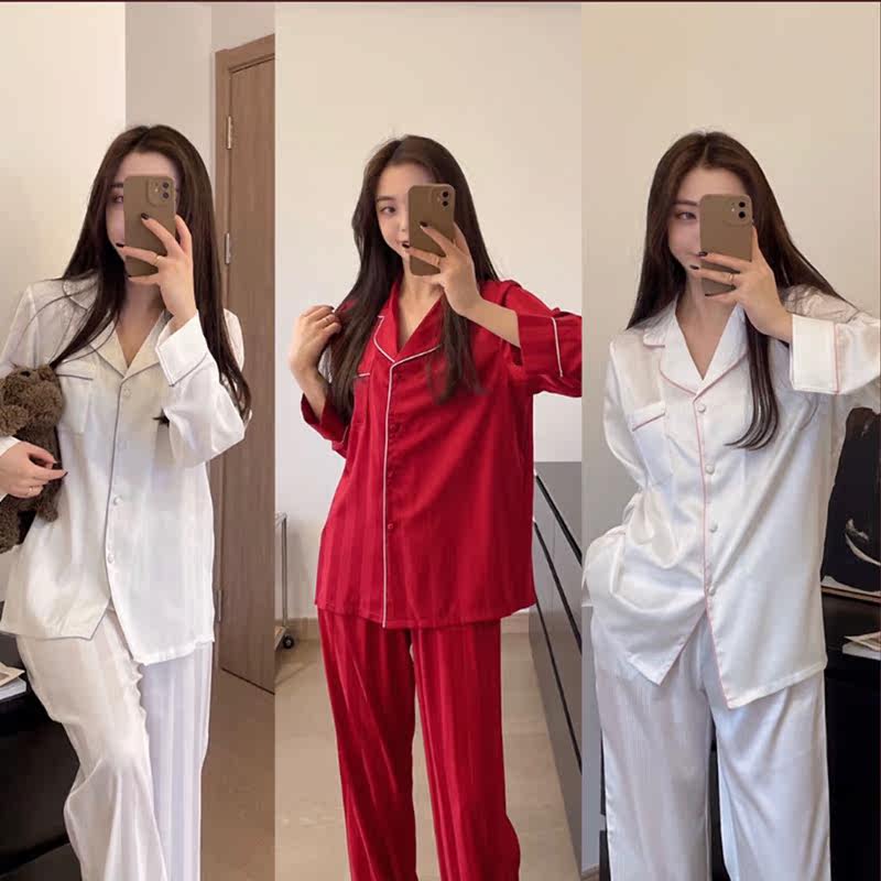 欧戴斯条纹缎面家居服女2026新款春款薄款长袖两件大红色睡衣套装
