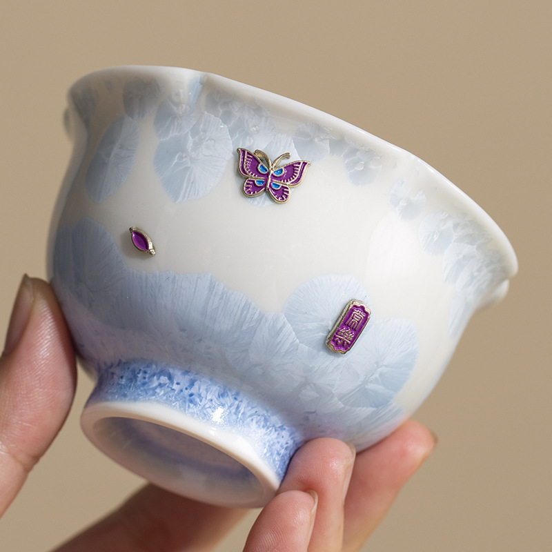 锔钉结晶釉葵口杯喝茶杯主人杯品茗杯对杯茶盏陶瓷功夫茶具伴手礼