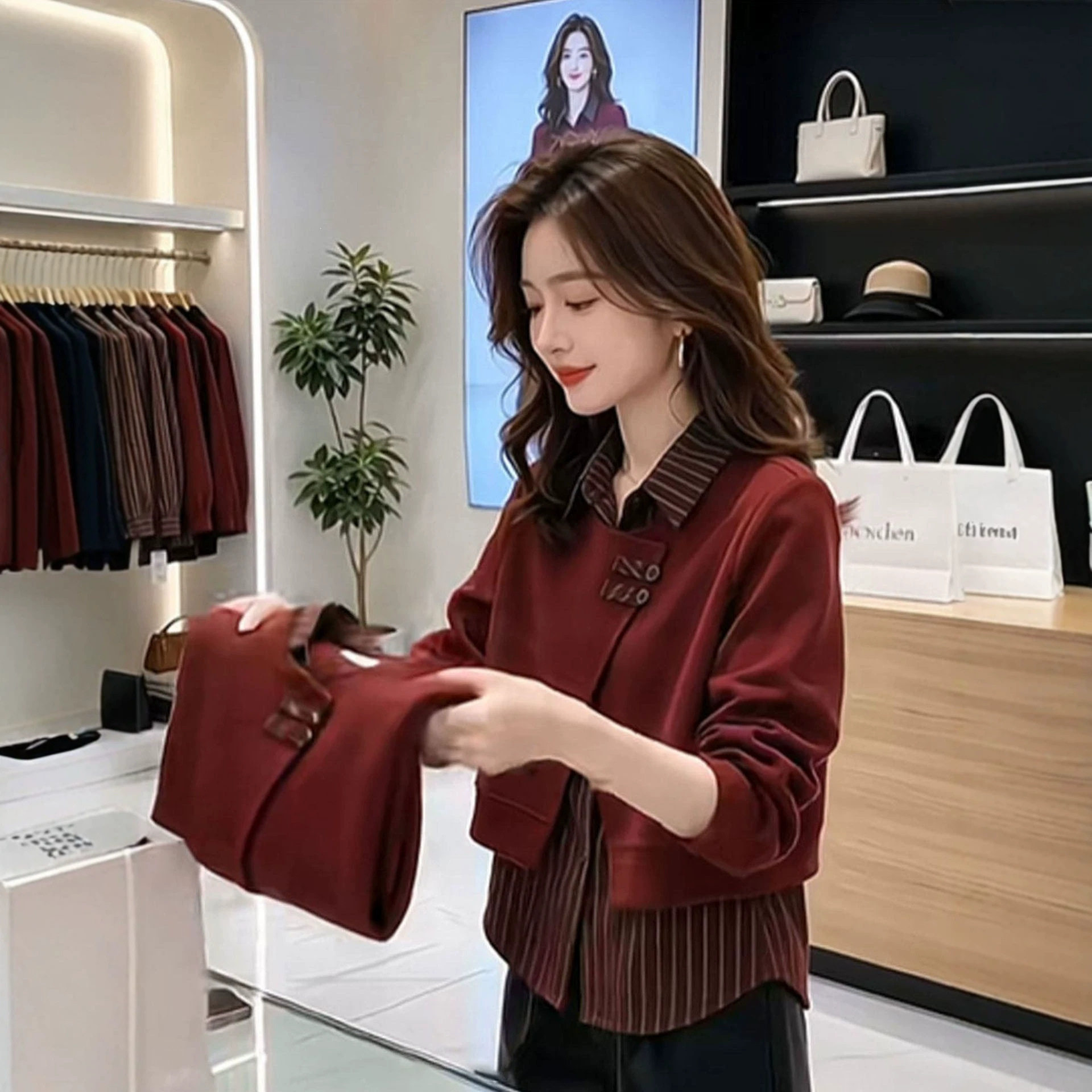 面料新款品牌翻领假两件条纹拼合衬衫女洋气宽松时尚精致撞色上衣