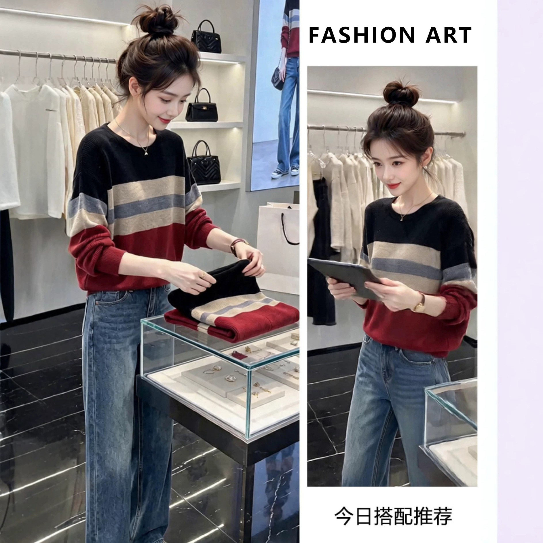 罗粉小众面料设计师品牌气质条纹毛衫搭配高腰直筒牛仔裤套装秋冬