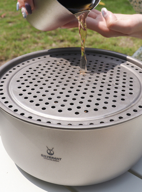 纯钛茶盘金属茶海2100ml便捷式家用户外储水圆形茶台银蚁户外茶盘