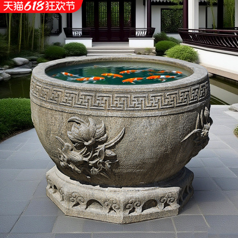 石雕鱼缸花盆大缸仿古圆门海荷花缸流水摆件养鱼户外庭院青石石头