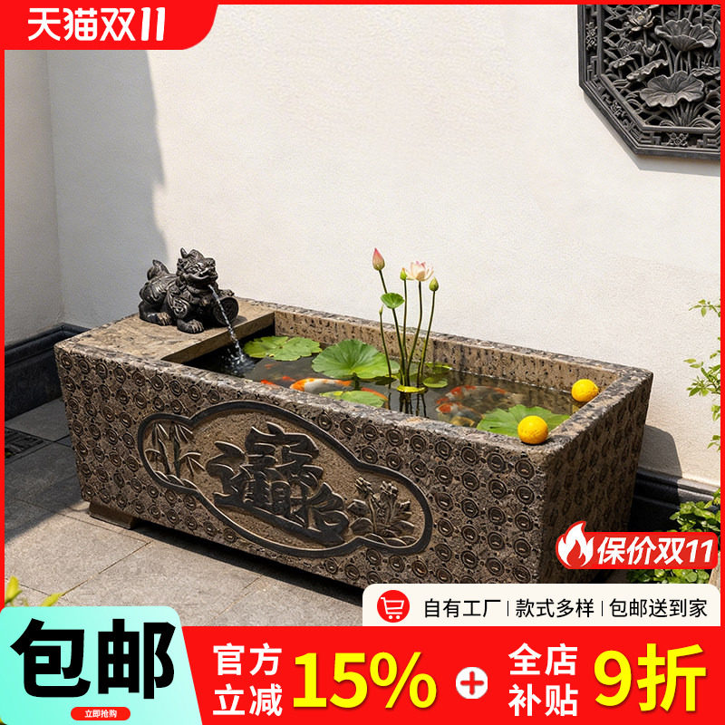 石雕鱼缸花盆天然青石仿古石槽长方形庭院户外流水循环水造景摆件