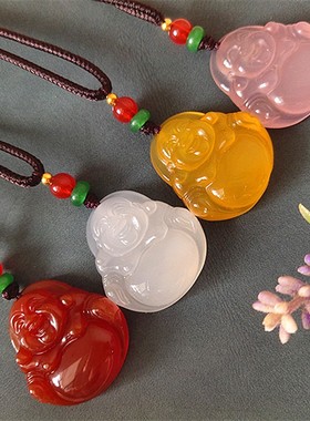 天然玛瑙玉髓佛公吊坠大度笑面佛项链女弥勒佛红黄白粉紫色小笑佛