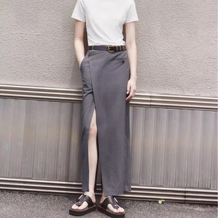 2025新款春夏长款半身裙解构错落高腰斜裹开叉时尚气质西装半裙