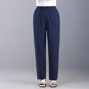 棉绸夏季 妈妈装 裤 大码 休闲外穿纯色 子女士宽松高腰直筒裤 薄款
