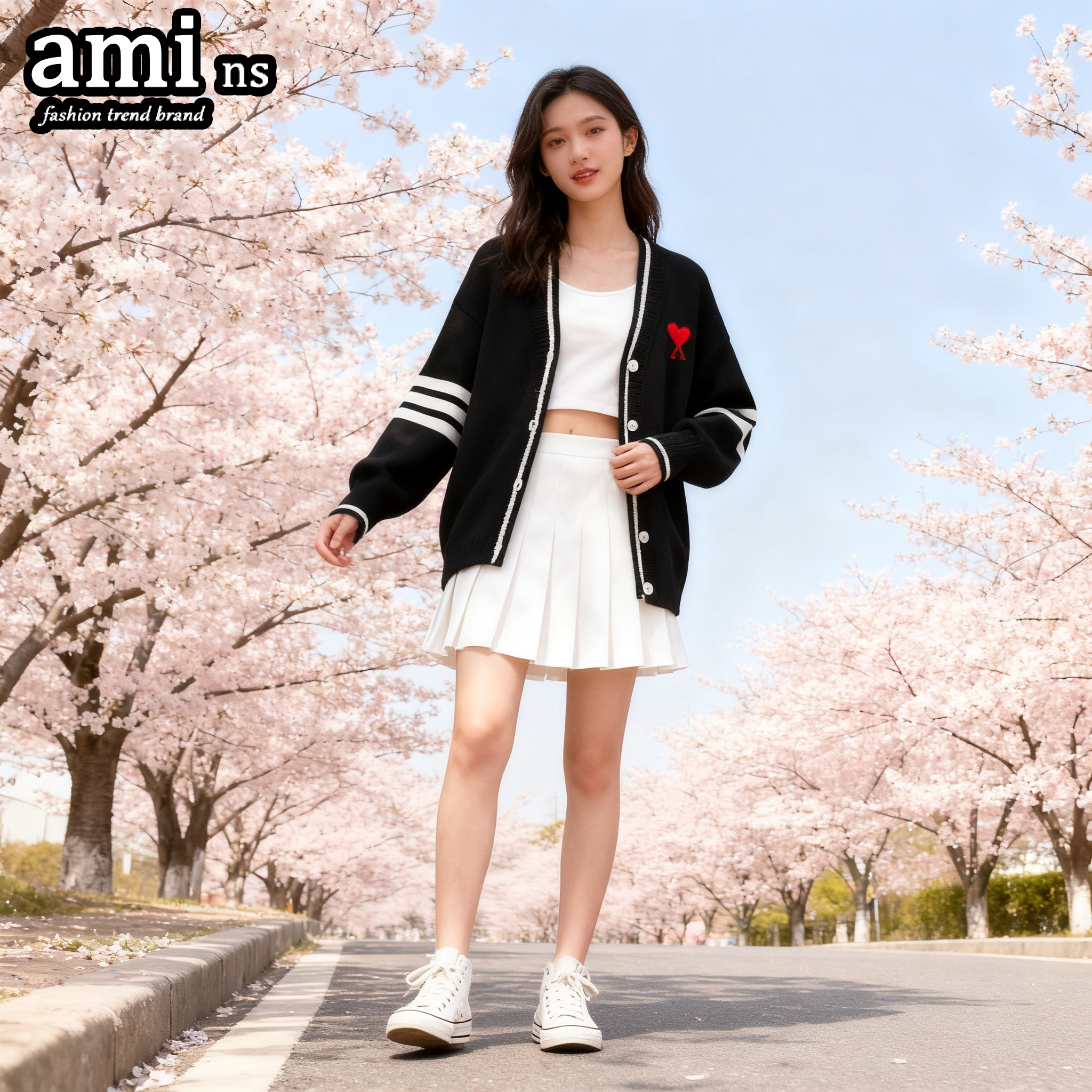 AMI羊毛开衫女V领大爱心针织毛衣