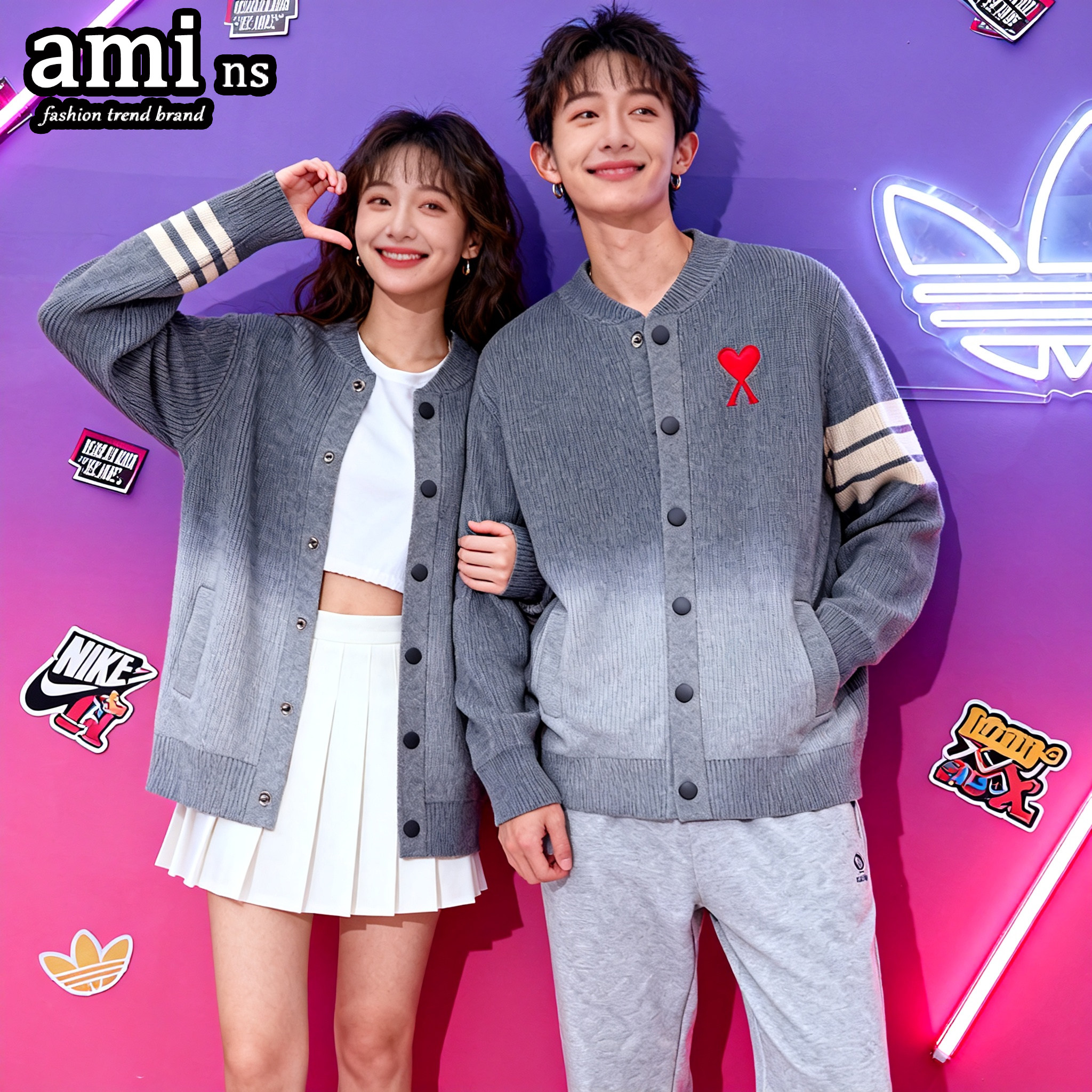 AMI秋冬单排扣开衫圆领毛衣男女情侣围脖宽松针织衫美式复古外套