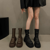 粗跟短靴女2024秋冬新款 小个子显瘦弹力瘦瘦靴 厚底褶皱堆堆靴时尚