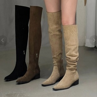 小众设计感辣妹风粗跟尖头西部牛仔长靴 薄款 堆堆靴女2024夏季 新款